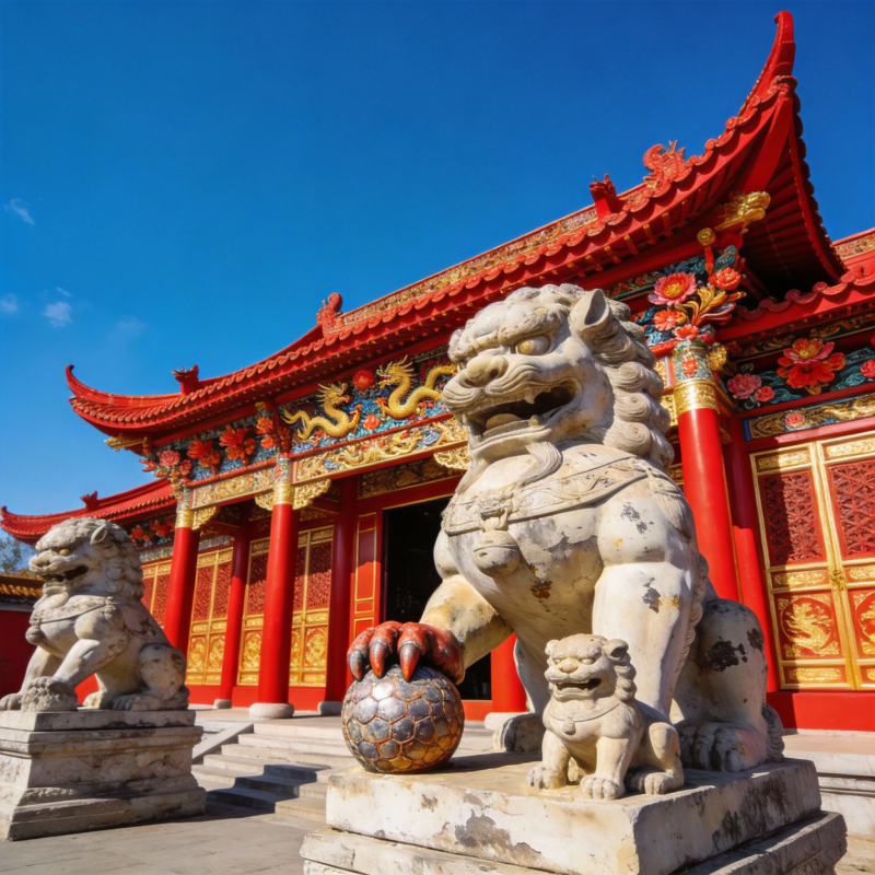 红墙金瓦守石狮图片