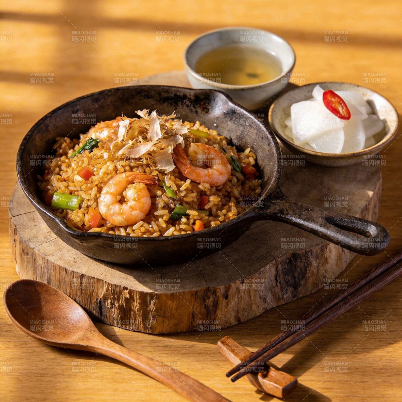 虾仁炒饭配小菜图片