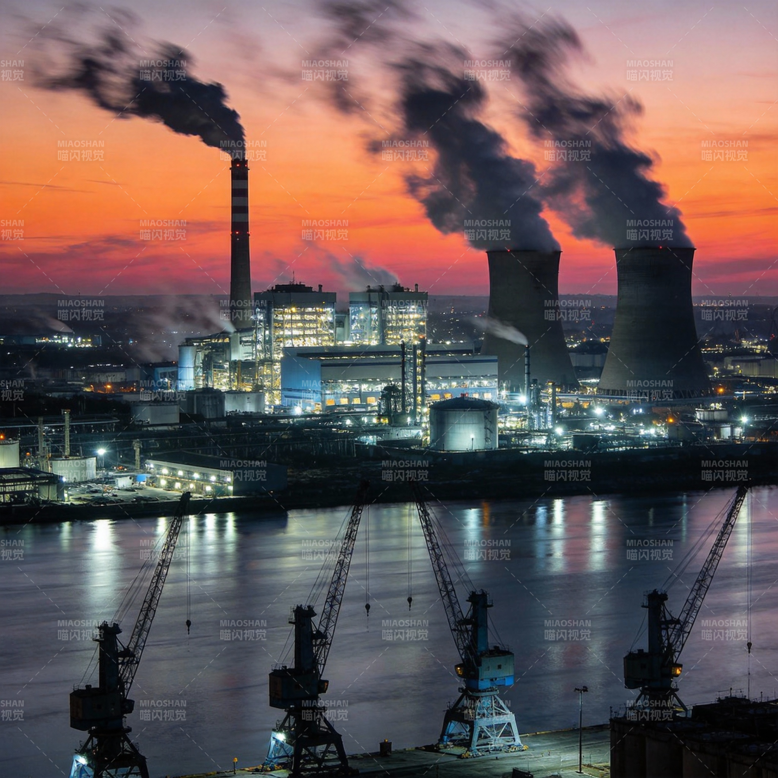 工业夜景 烟雾缭绕图片