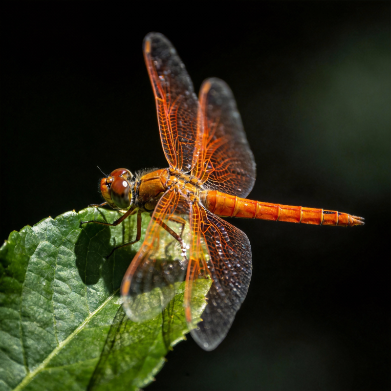 橙色蜻蜓栖叶上图片