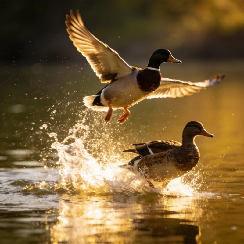 鸭戏水面 金光四射图片