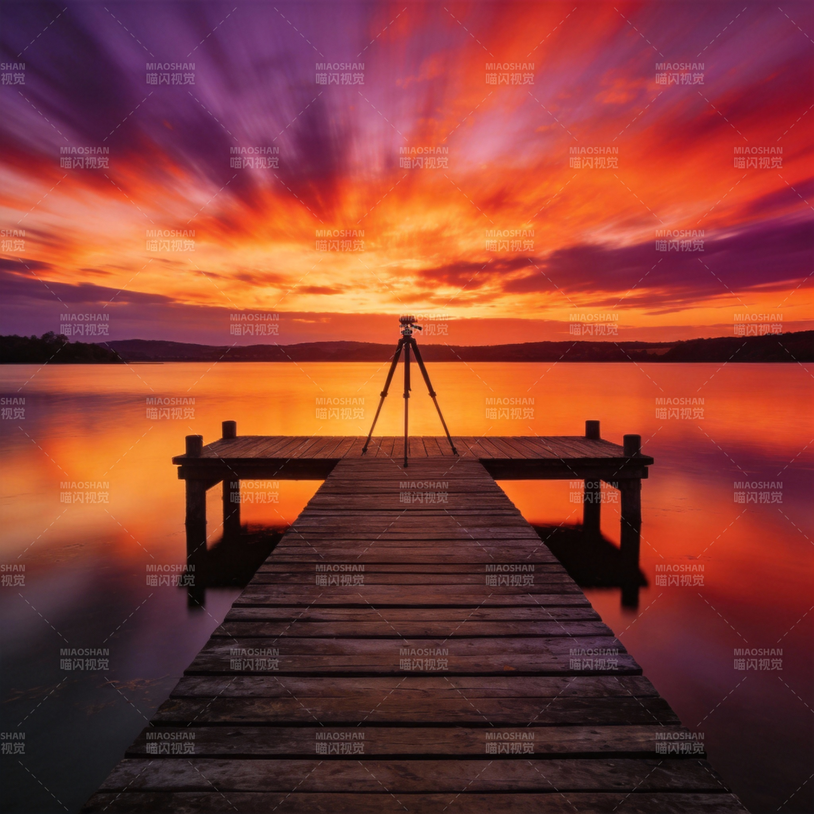 夕阳下的湖畔栈道图片