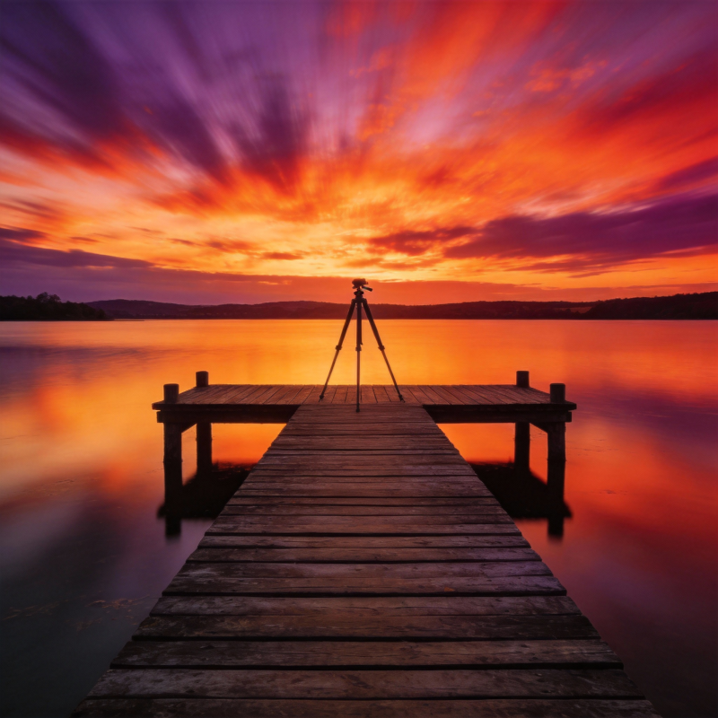 夕阳下的湖畔栈道图片