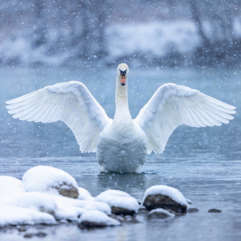 雪中天鹅展翅图片