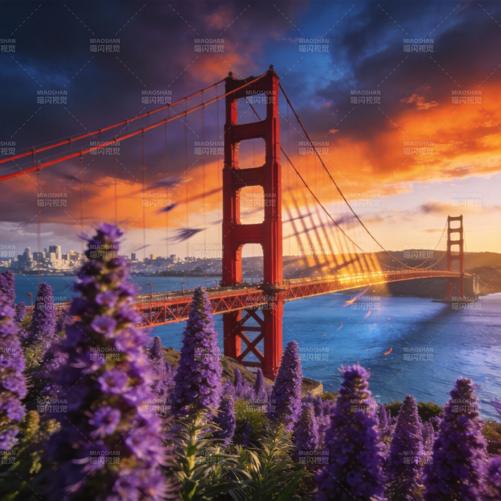 金门大桥暮色花海图片