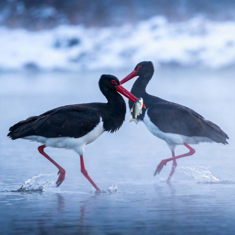 黑鹳捕鱼瞬间图片