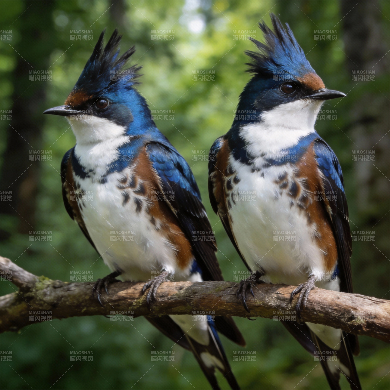 蓝燕双栖枝头图片