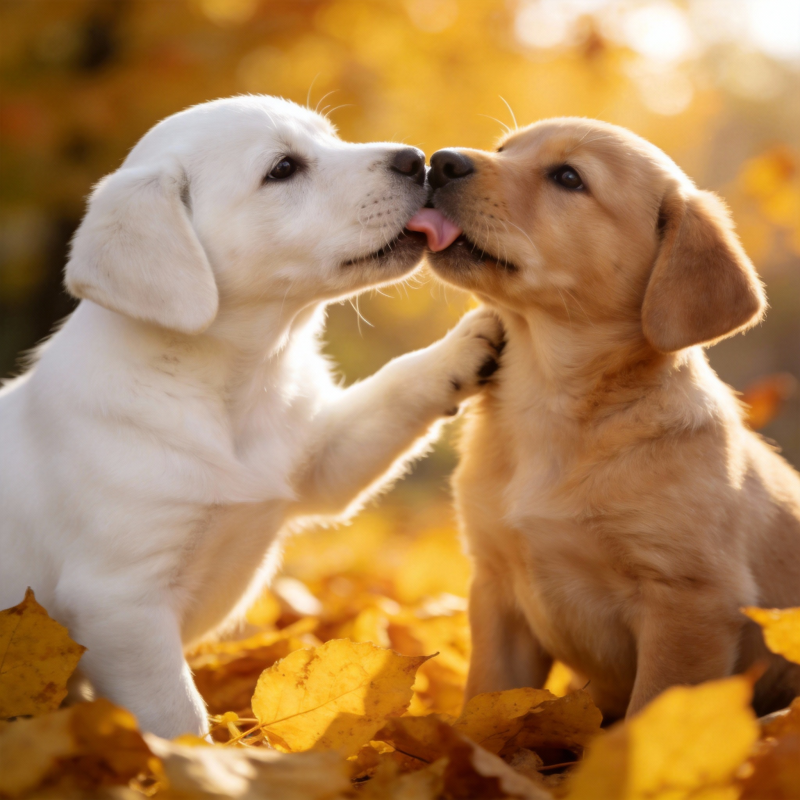 秋叶中的萌犬亲吻图片