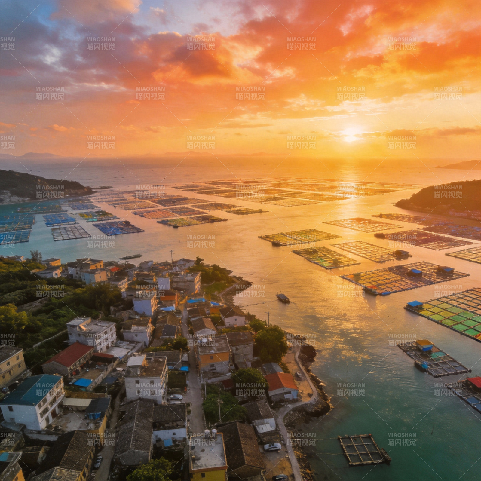 渔村日落美景图片