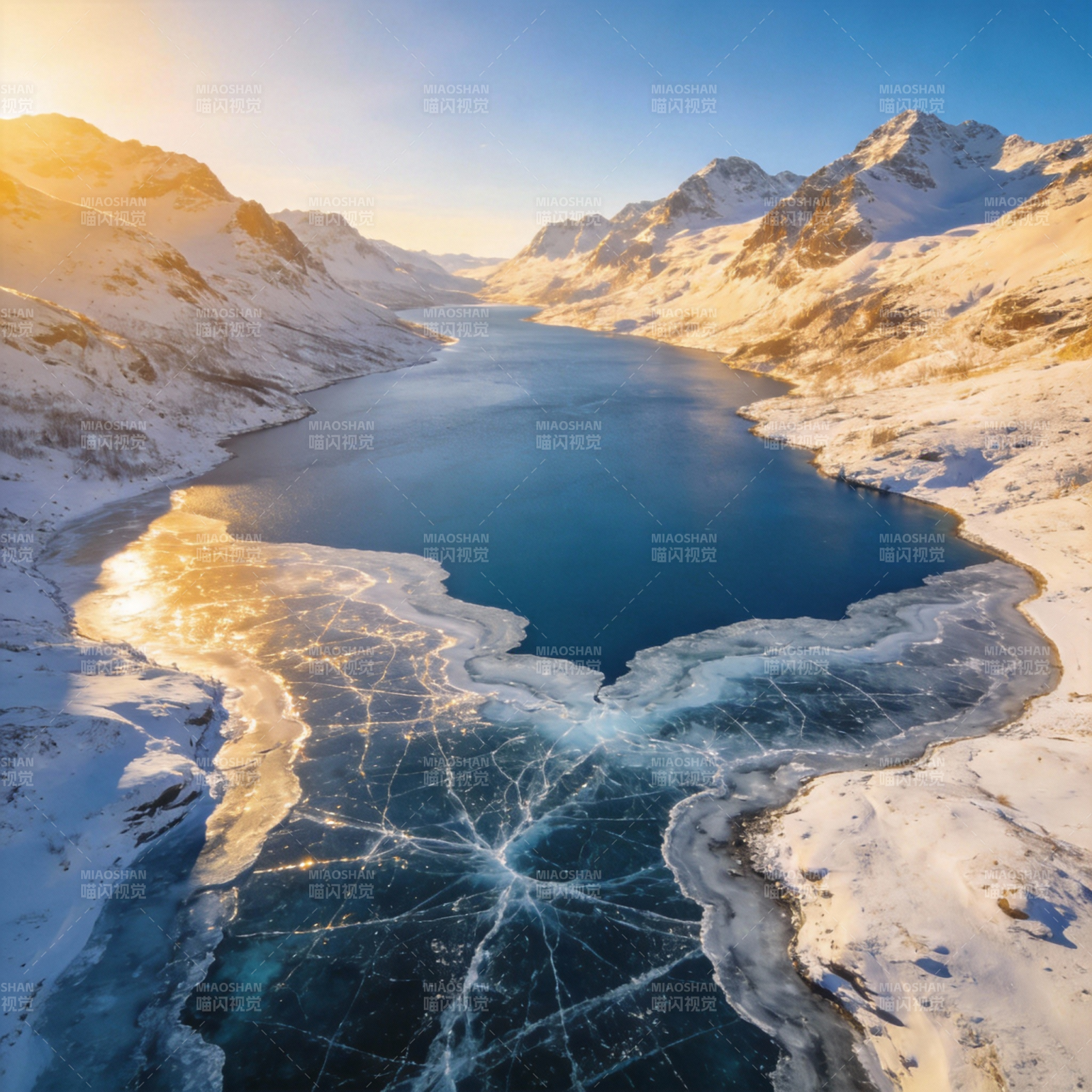 冰湖雪峰晨光图片
