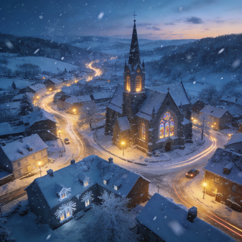 雪夜教堂灯火图片