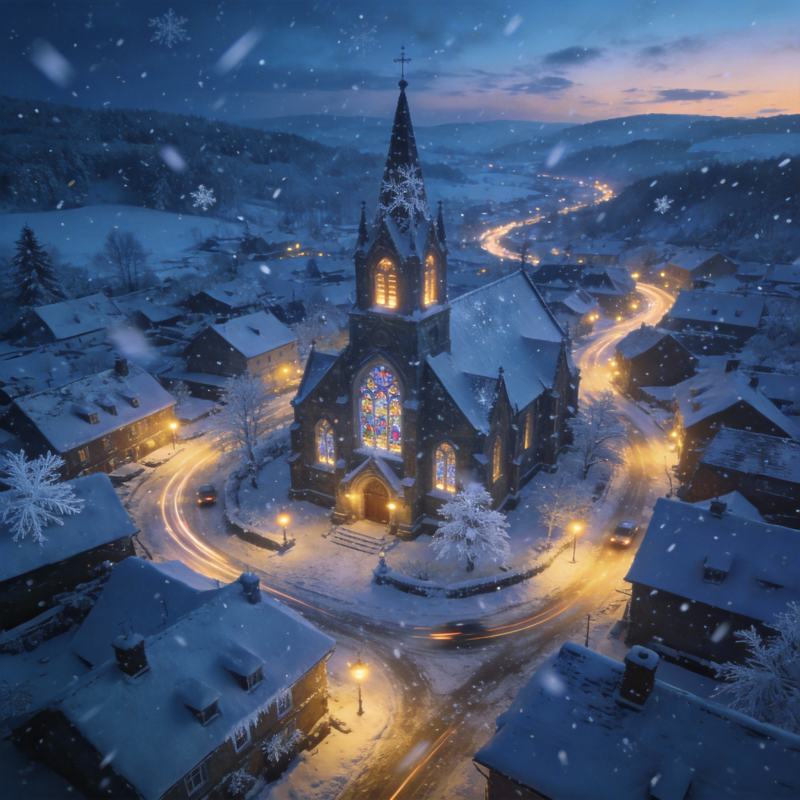 雪夜教堂灯火图片