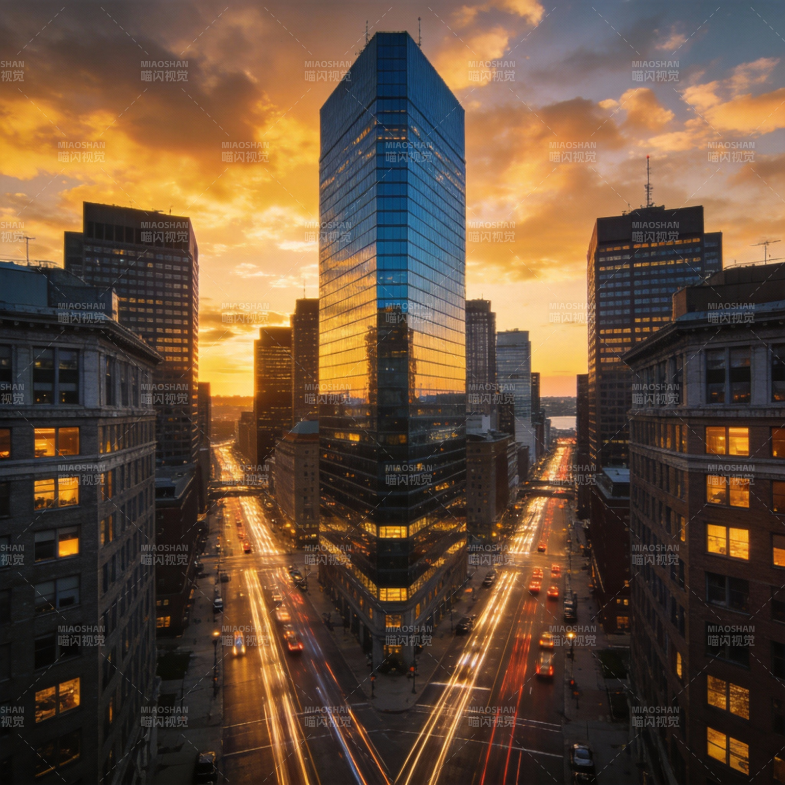 城市黄昏光影交错图片