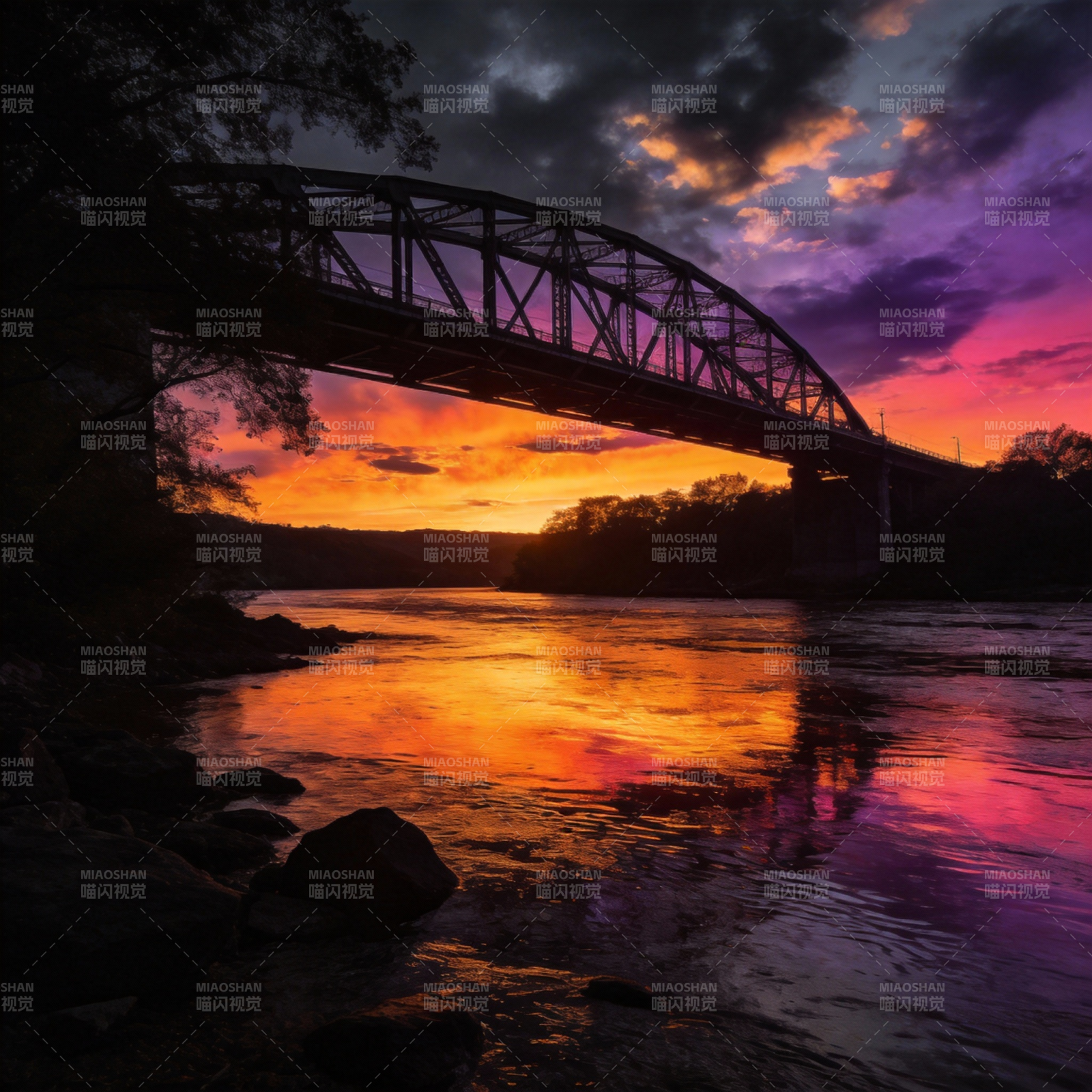 桥影映霞光图片