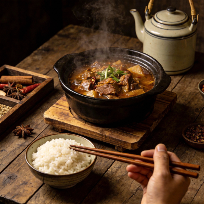 热腾腾的炖肉饭图片