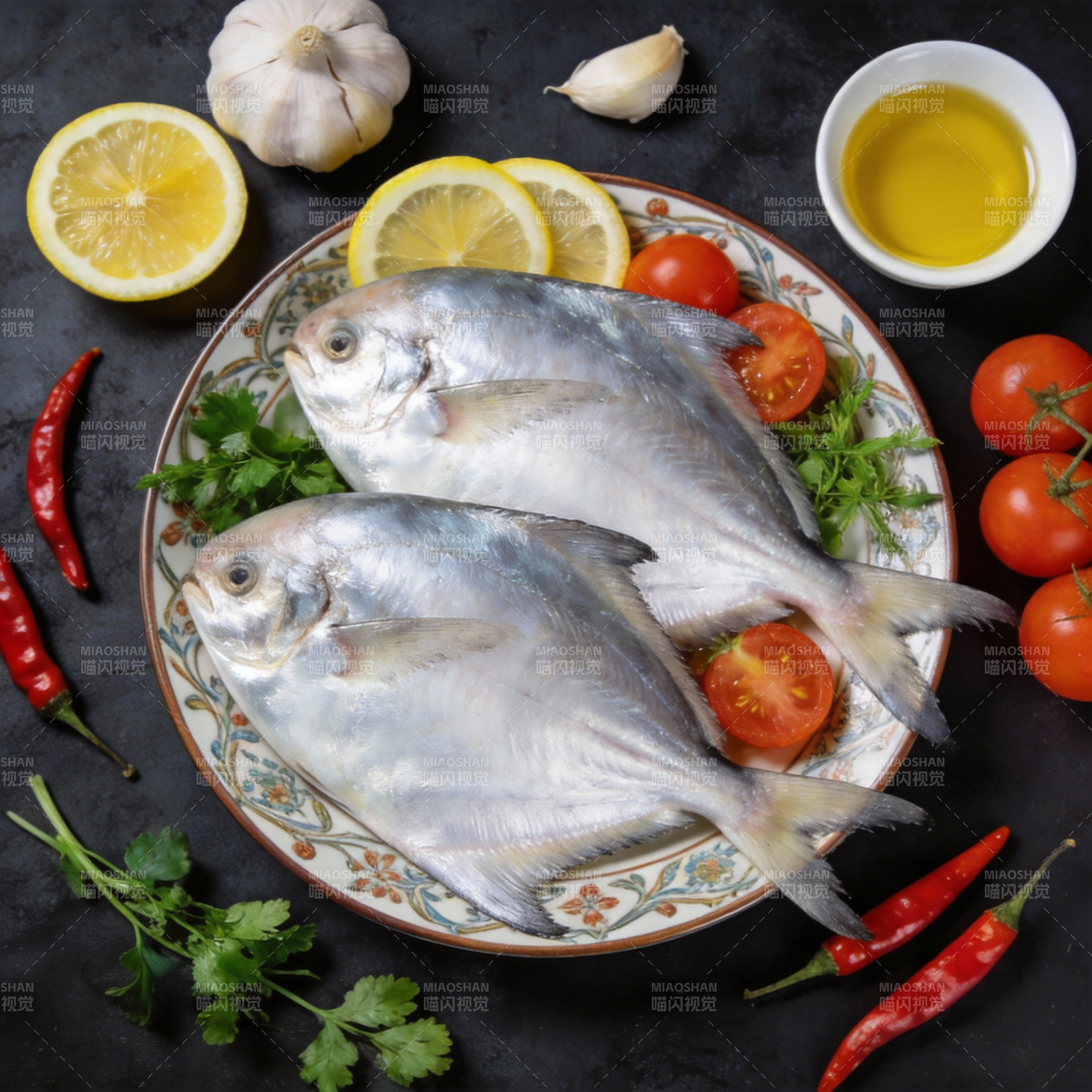 新鲜鲳鱼配蔬果图片
