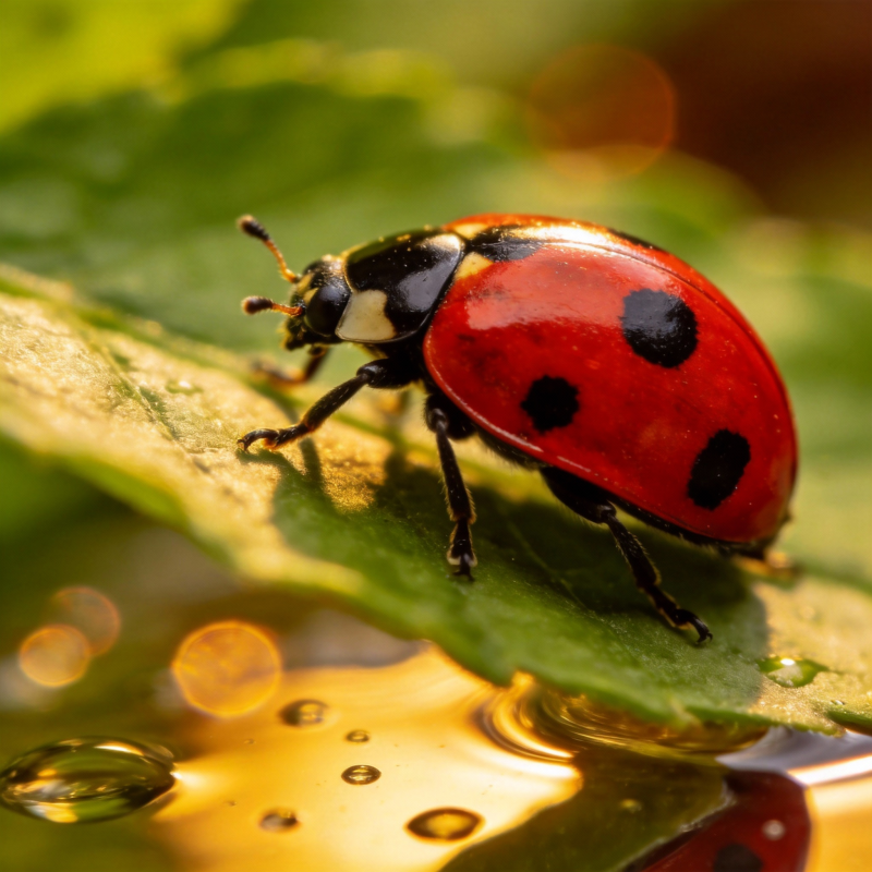瓢虫栖叶水珠映图片