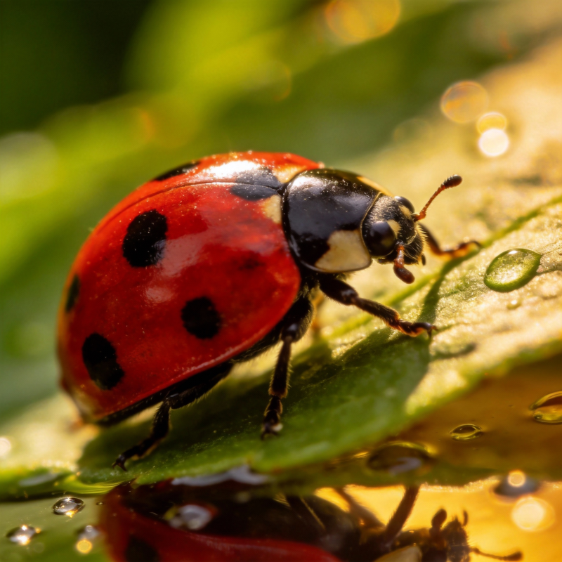 瓢虫栖叶水珠映图片