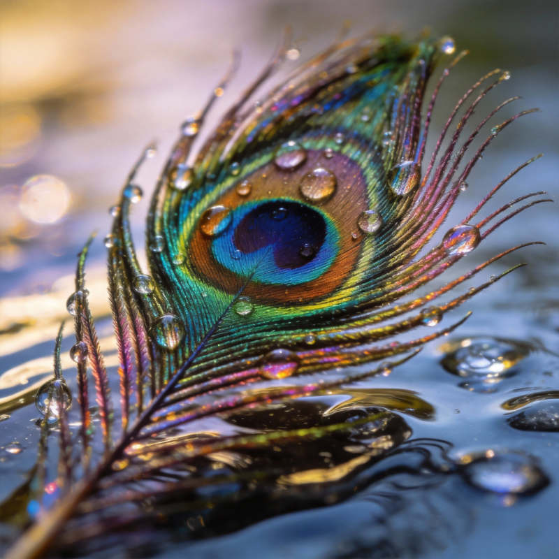 水珠映彩羽图片