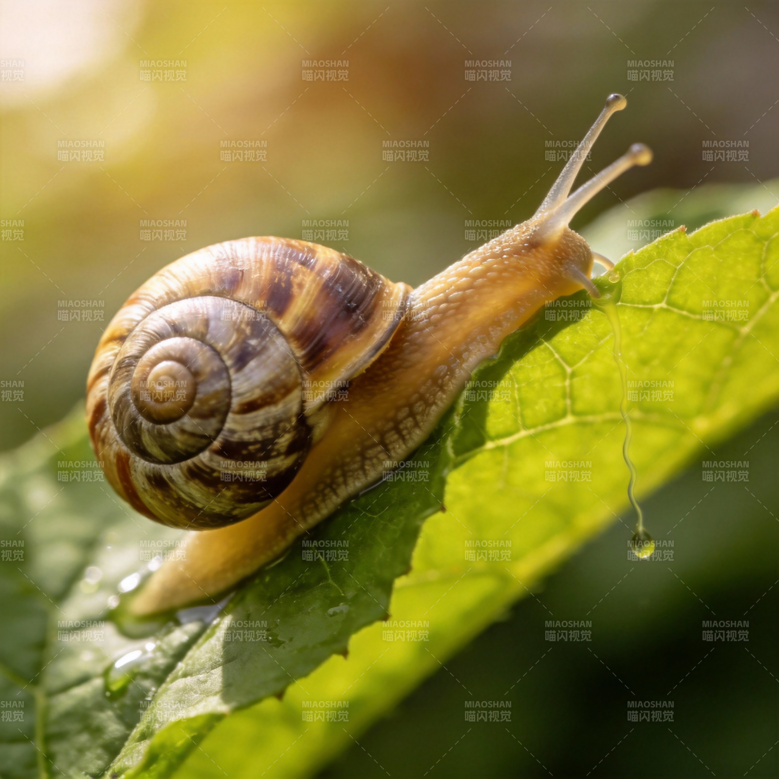 蜗牛爬叶 露珠相伴图片