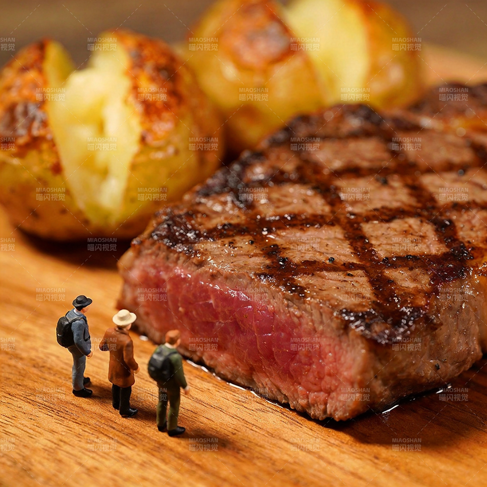 牛排上的微型人影图片