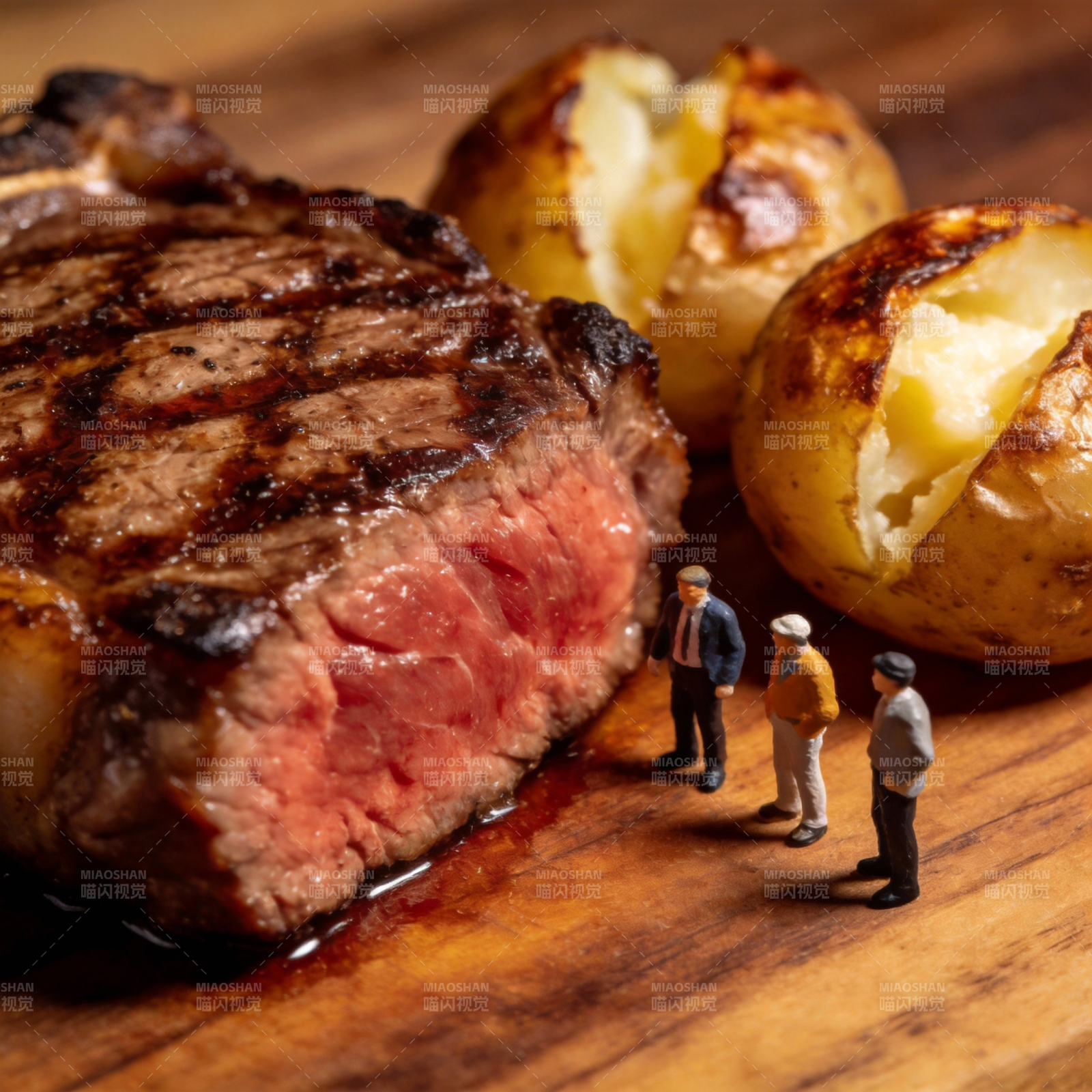牛排前的微型人物图片