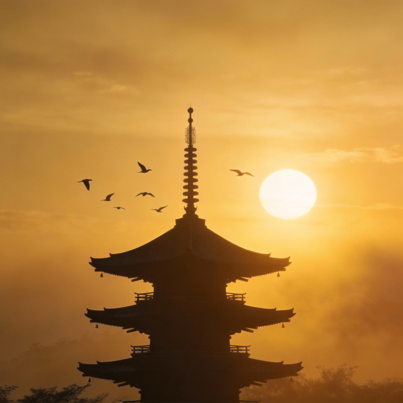 夕阳塔影飞鸟归图片