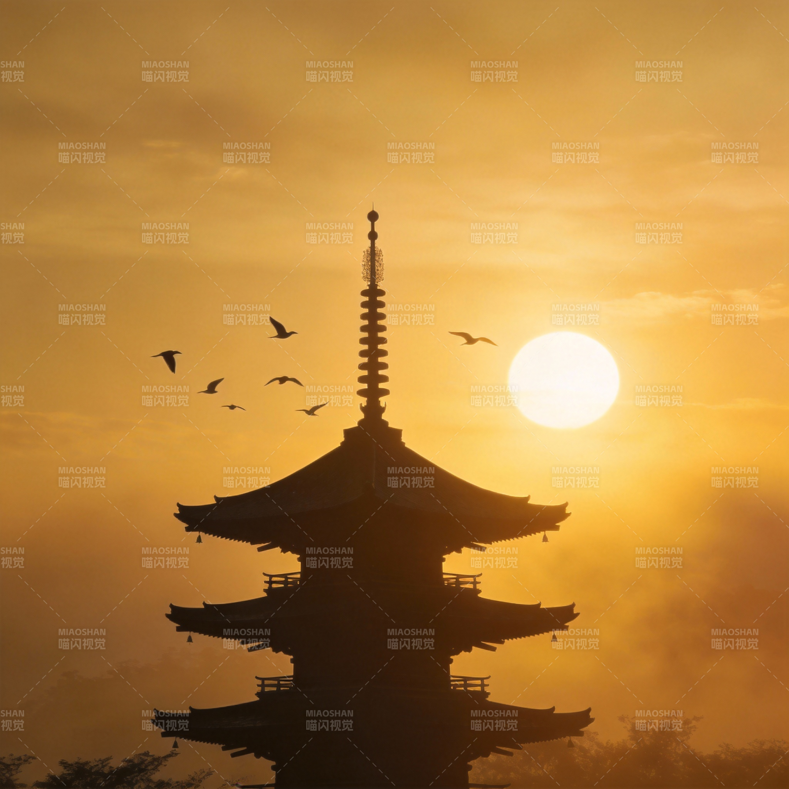 夕阳塔影飞鸟归图片