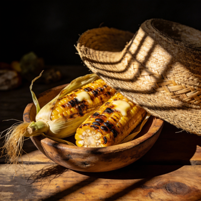 烤玉米与草帽图片