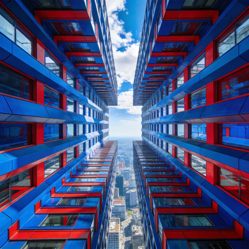 蓝红楼宇夹道天际图片