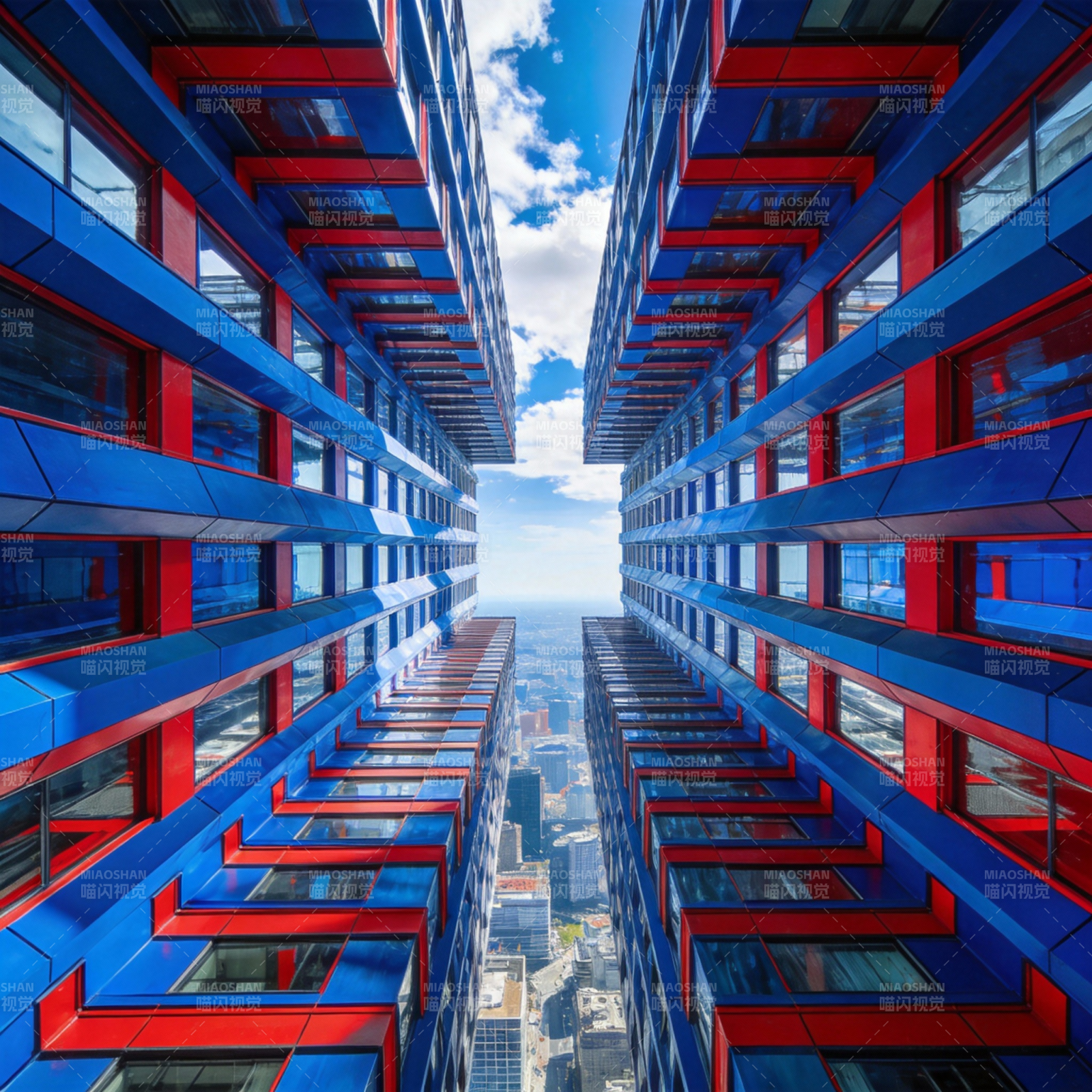 蓝红楼宇夹道天际图片