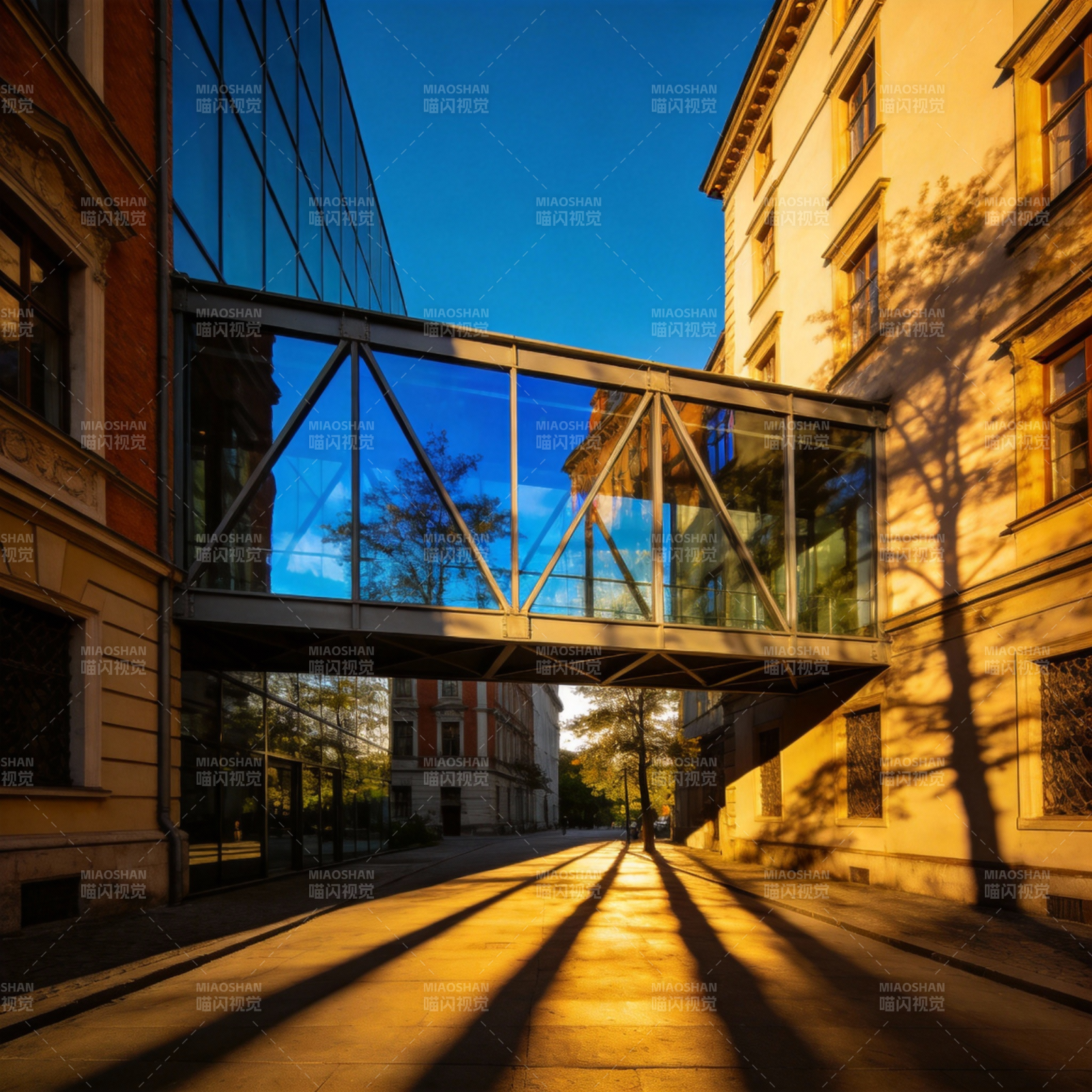 玻璃廊桥映斜阳图片