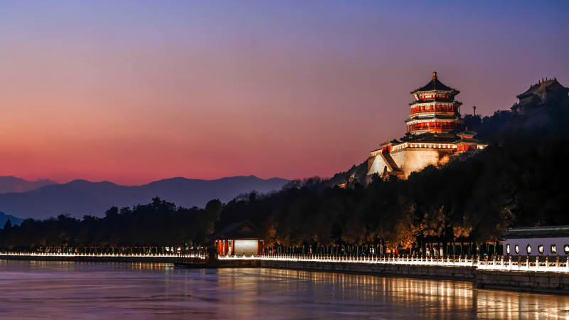 颐和园暮色中的佛香阁风光图片