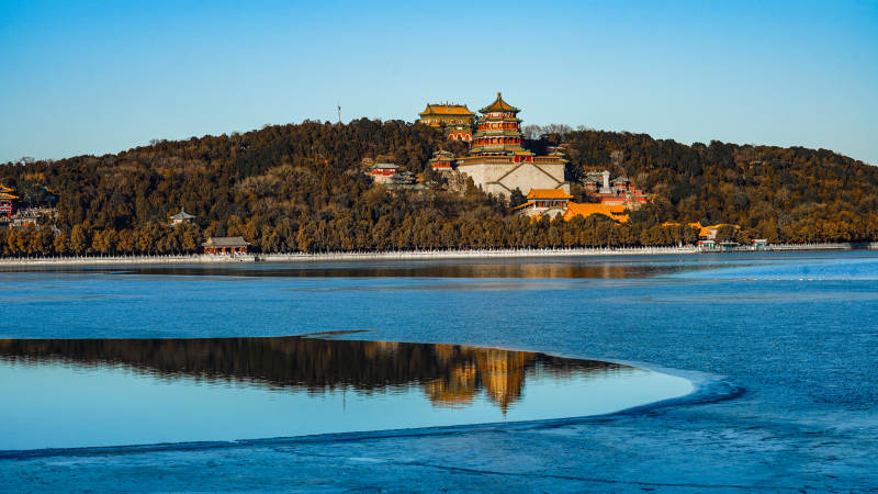 颐和园湖畔佛香阁倒影图片