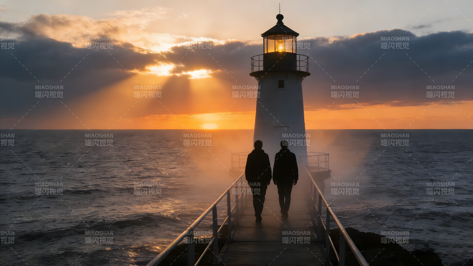 灯塔下的黄昏行图片
