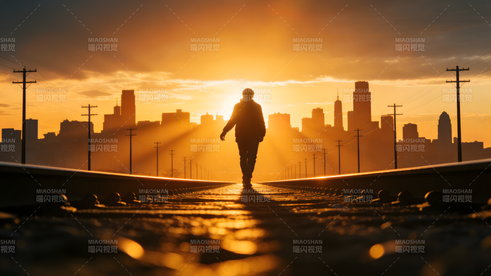 夕阳下的城市剪影图片