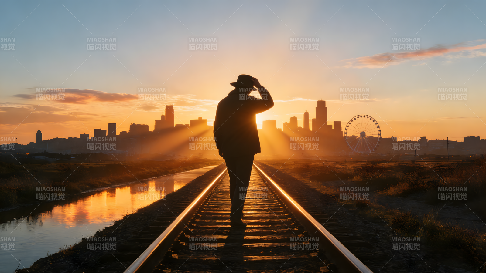 夕阳下的铁轨旅人图片