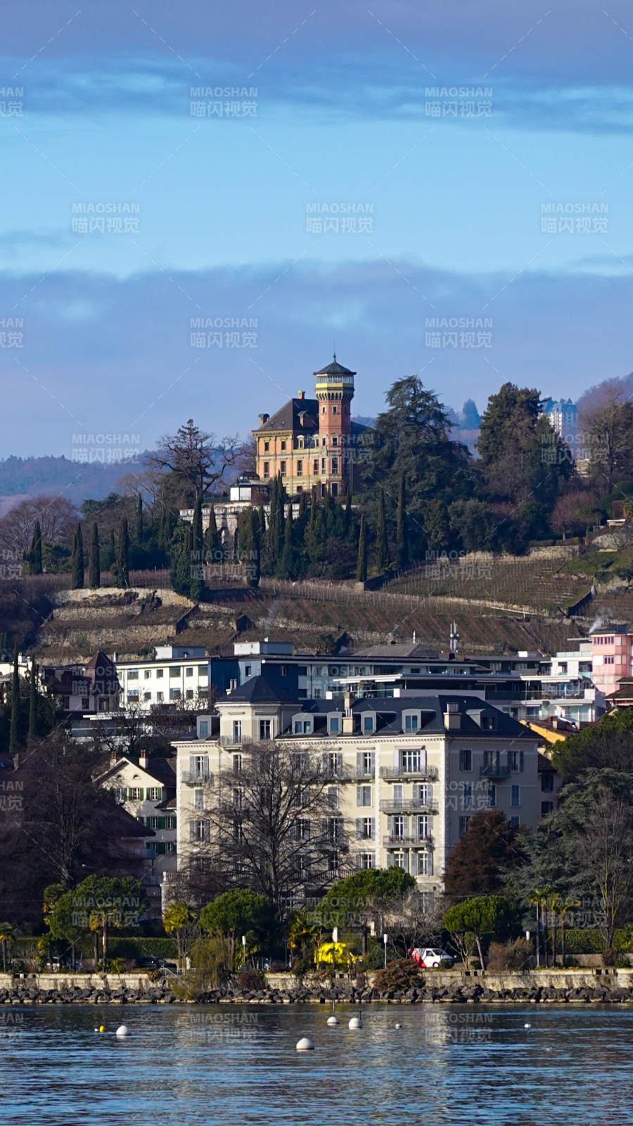 瑞士莫尔日湖光古堡的冬日限定画面图片