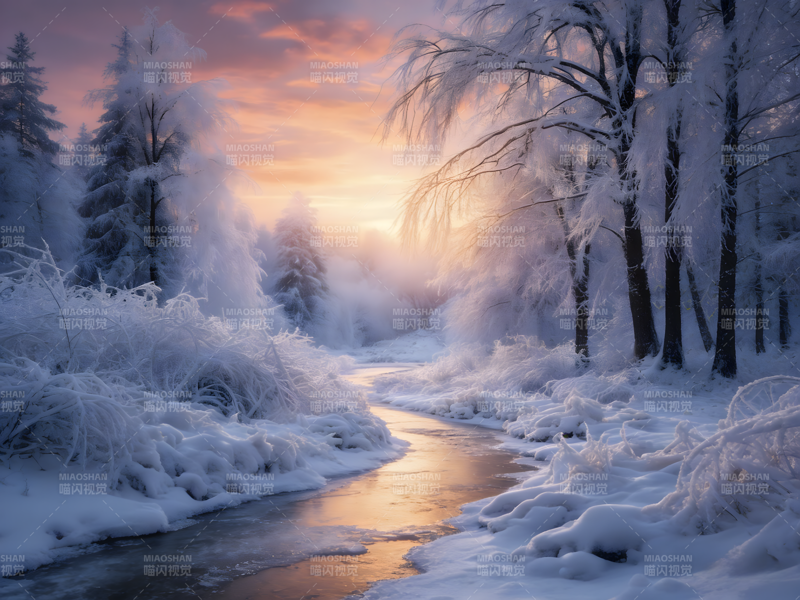 雪林夕照图片