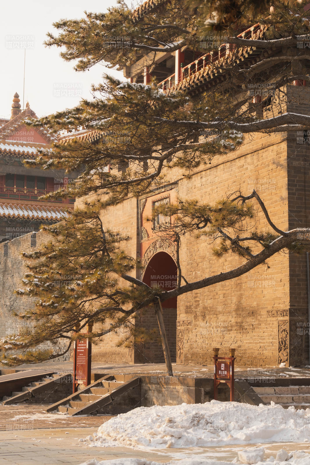 雪后古墙松影沈阳东陵图片