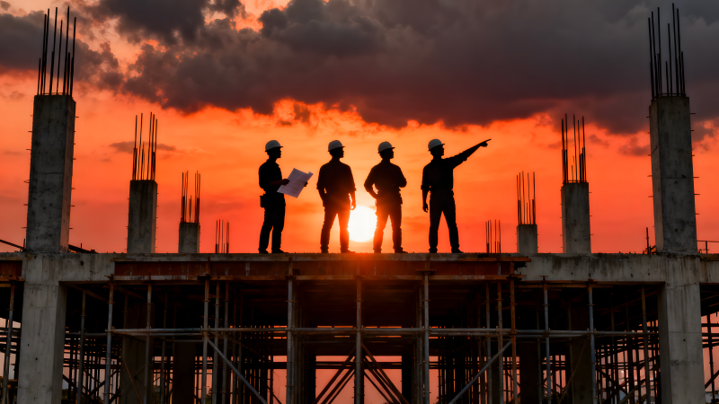 工地剪影 夕阳共话图片