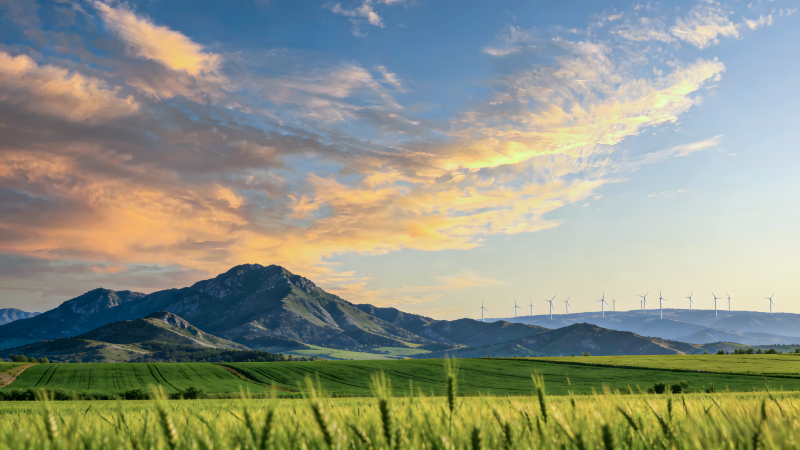 山野风车晚霞图图片