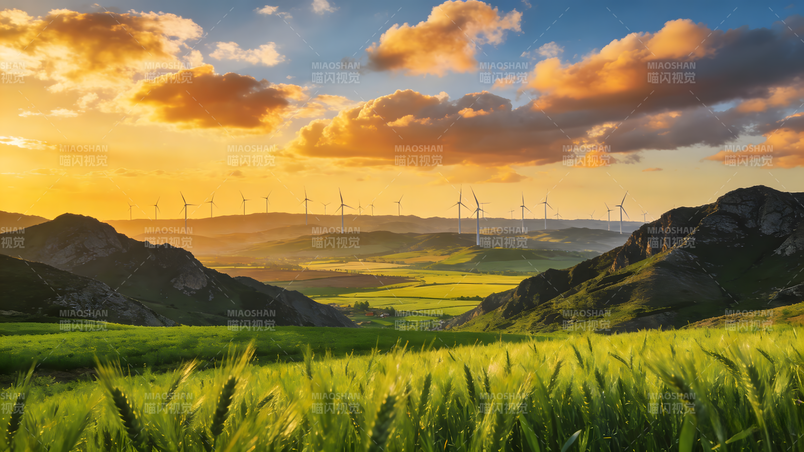 风车田野日落图片