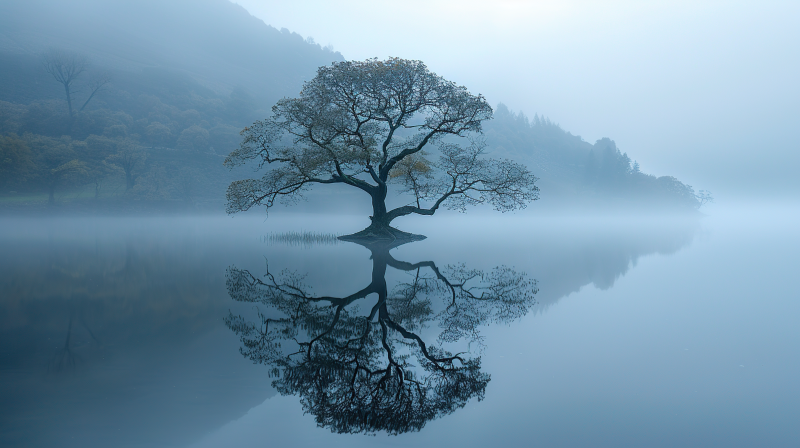 雾湖孤树镜影图片