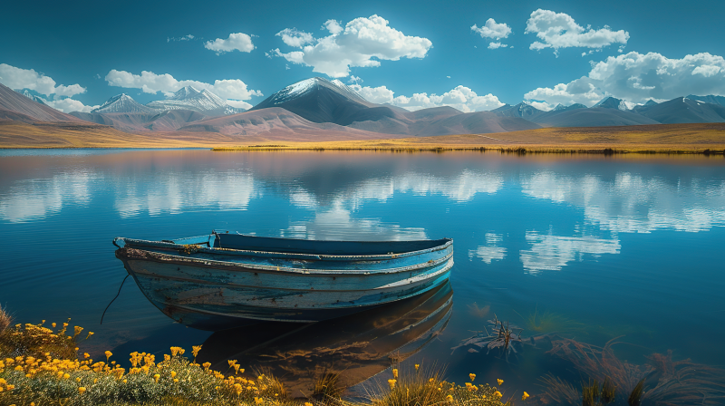 湖畔孤舟映雪山图片