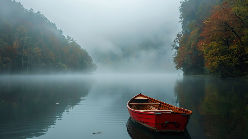 雾湖红舟图片