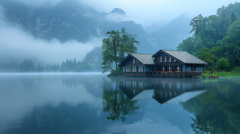 湖畔木屋静谧景图片