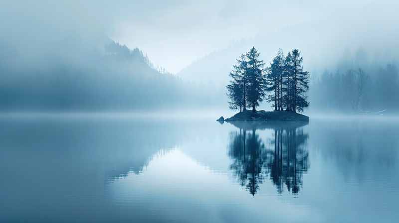 雾湖孤岛静谧景图片