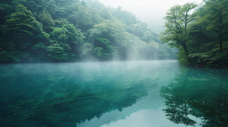 碧湖雾林静谧景图片