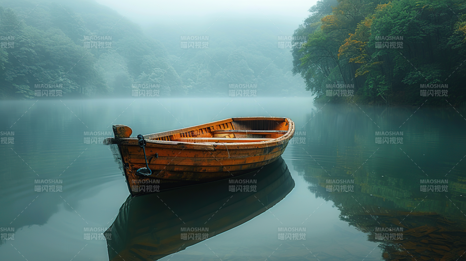 雾湖孤舟图片